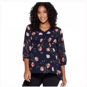 Isabel Maternity XL Extra Large Empire Floral Tie Back Top Navy Sheer Sleeves
